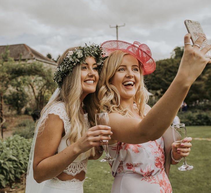 The Rosehip and Berry Floral Headband // Blush Pink Boho Barn Vibes With Bride in Rime Arodaky From The White Gallery. Outdoor ceremony at Larchfield Estate in Northern Ireland. Photography by Ten Twenty One.