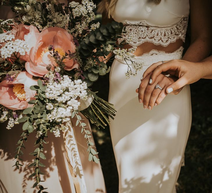 Florals by The Rose Hip and Berry // Bridal Separates // Blush Pink Boho Barn Vibes With Bride in Rime Arodaky From The White Gallery. Outdoor ceremony at Larchfield Estate in Northern Ireland. Photography by Ten Twenty One.