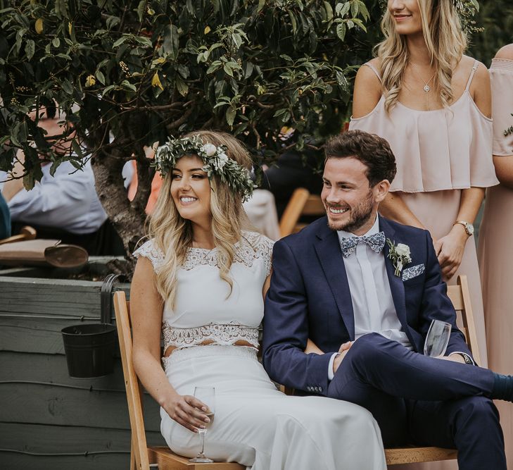 The Rosehip and Berry Floral Headband // Blush Pink Boho Barn Vibes With Bride in Rime Arodaky From The White Gallery. Outdoor ceremony at Larchfield Estate in Northern Ireland. Photography by Ten Twenty One.