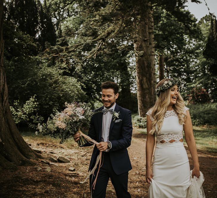 The Rosehip and Berry Floral Headband // Blush Pink Boho Barn Vibes With Bride in Rime Arodaky From The White Gallery. Outdoor ceremony at Larchfield Estate in Northern Ireland. Photography by Ten Twenty One.