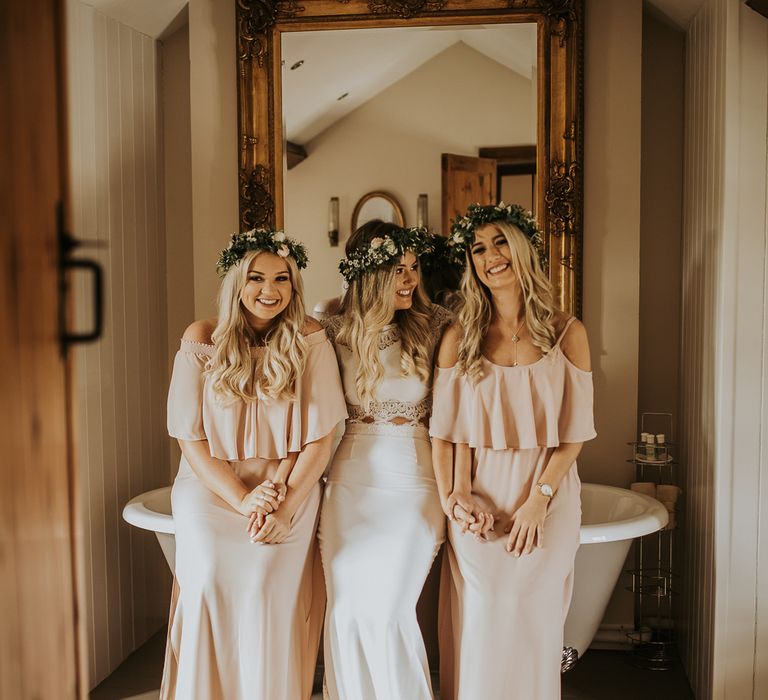 The Rosehip and Berry Floral Headband // Blush Pink Boho Barn Vibes With Bride in Rime Arodaky From The White Gallery. Outdoor ceremony at Larchfield Estate in Northern Ireland. Photography by Ten Twenty One.