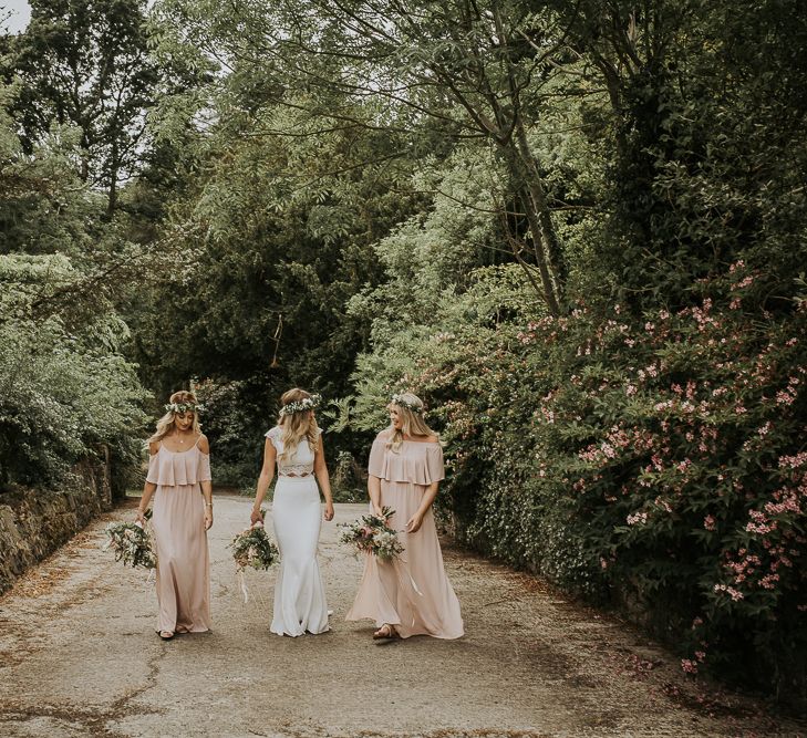 The Rosehip and Berry Floral Headband // Blush Pink Boho Barn Vibes With Bride in Rime Arodaky From The White Gallery. Outdoor ceremony at Larchfield Estate in Northern Ireland. Photography by Ten Twenty One.