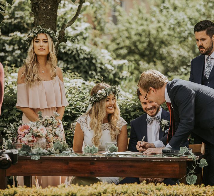 Blush Pink Boho Barn Vibes With Bride in Rime Arodaky From The White Gallery. Outdoor ceremony at Larchfield Estate in Northern Ireland. Photography by Ten Twenty One.