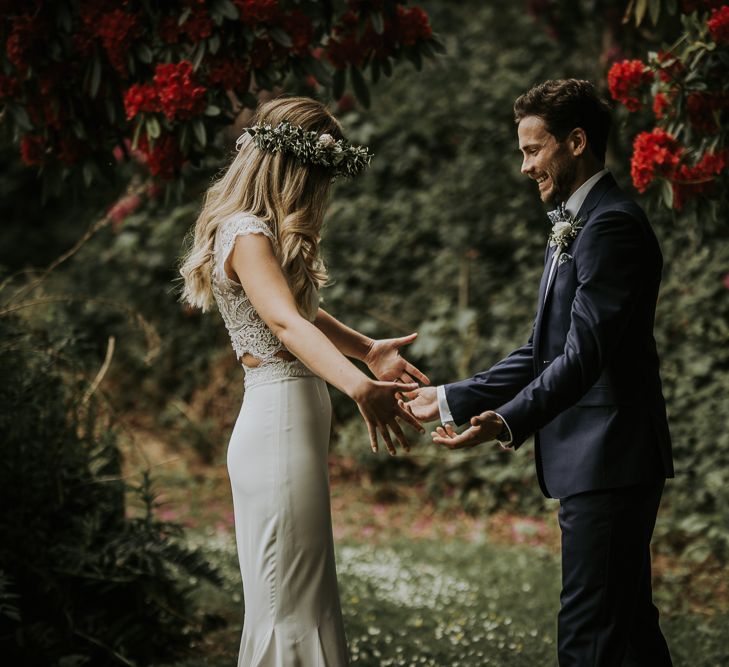 The Rosehip and Berry Floral Headband // Blush Pink Boho Barn Vibes With Bride in Rime Arodaky From The White Gallery. Outdoor ceremony at Larchfield Estate in Northern Ireland. Photography by Ten Twenty One.