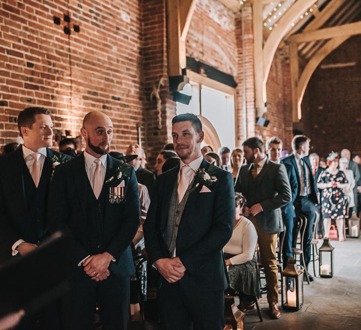 Groom waiting on his Bride | Blush Pink and Copper | RMW The List Members Hazel Gap Barn, Nottinghamshire | Mikaella Bridal Gown | Pear and Bear Photography