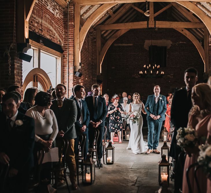 Here she comes | Blush Pink and Copper | RMW The List Members Hazel Gap Barn, Nottinghamshire | Mikaella Bridal Gown | Pear and Bear Photography