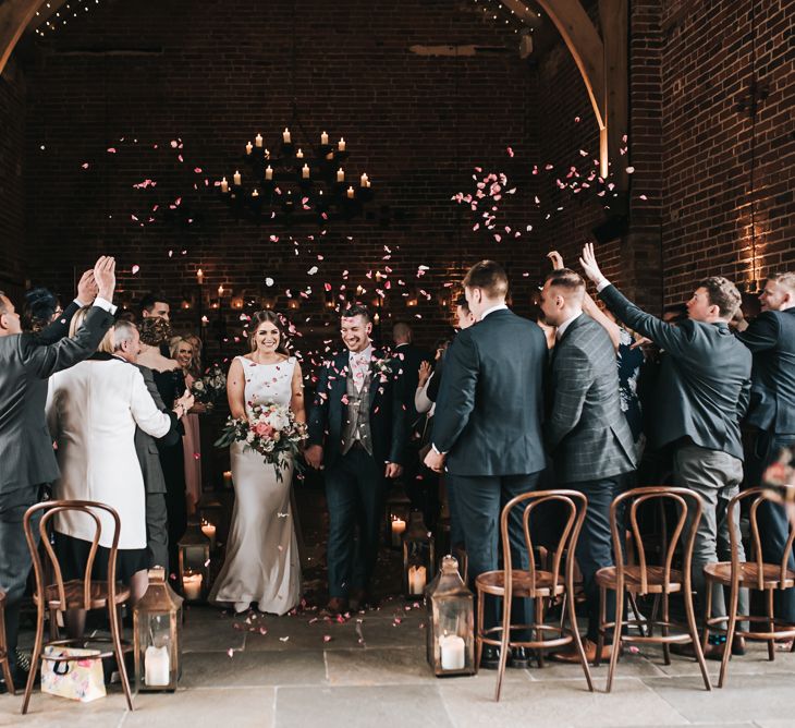 Indoor Confetti | Blush Pink and Copper | RMW The List Members Hazel Gap Barn, Nottinghamshire | Mikaella Bridal Gown | Pear and Bear Photography