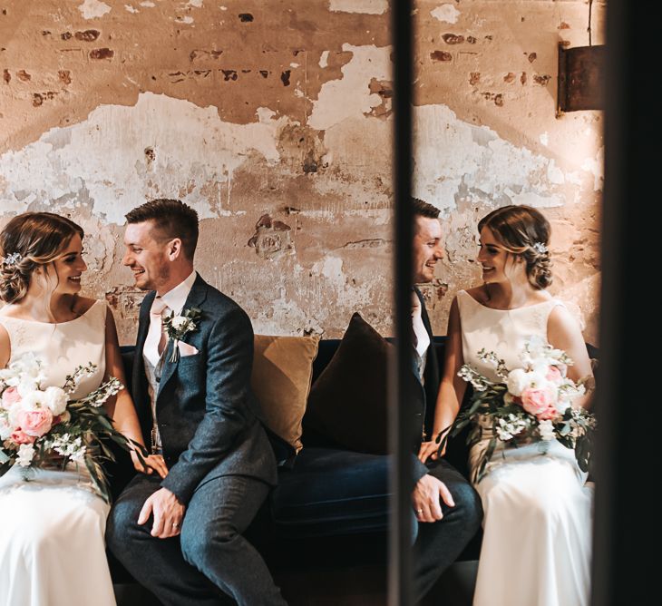 Couple shot | Blush Pink and Copper | RMW The List Members Hazel Gap Barn, Nottinghamshire | Mikaella Bridal Gown | Pear and Bear Photography