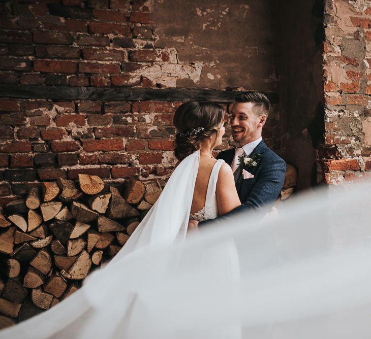 Couple shot | Blush Pink and Copper | RMW The List Members Hazel Gap Barn, Nottinghamshire | Mikaella Bridal Gown | Pear and Bear Photography