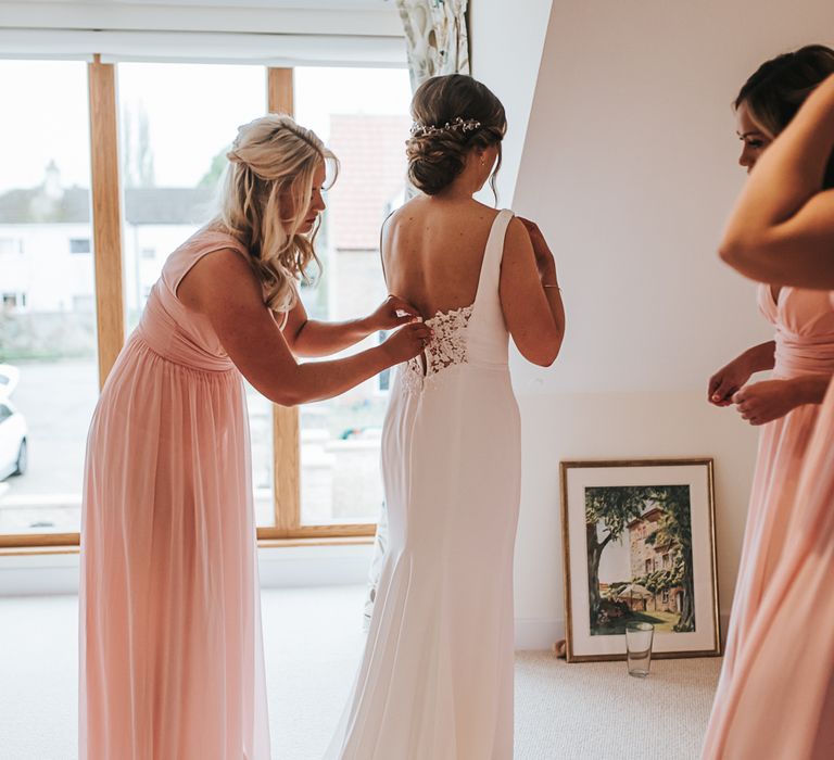 Brides Morning Preparations | Blush Pink and Copper | RMW The List Members Hazel Gap Barn, Nottinghamshire | Mikaella Bridal Gown | Pear and Bear Photography