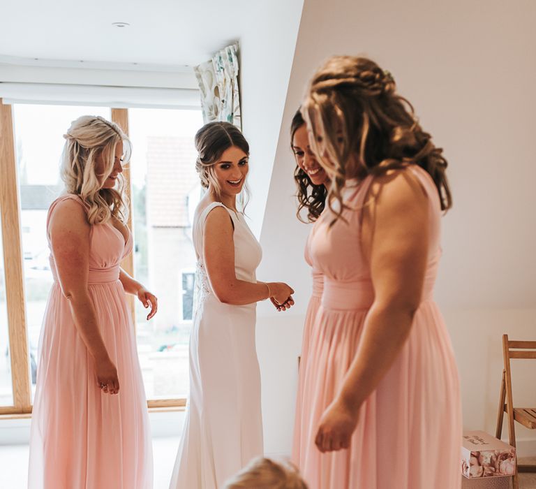 Brides Morning Preparations | Blush Pink and Copper | RMW The List Members Hazel Gap Barn, Nottinghamshire | Mikaella Bridal Gown | Pear and Bear Photography