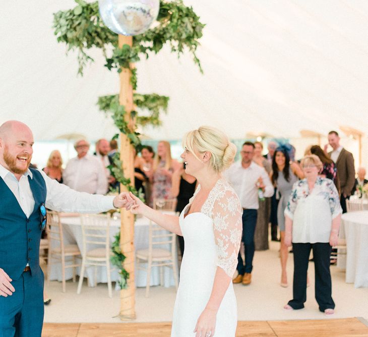 First Dance with Bride in Suzanne Neville Wedding Dress and Lace Bolero and Groom in Navy Hugo Boss Waistcoat and Trousers