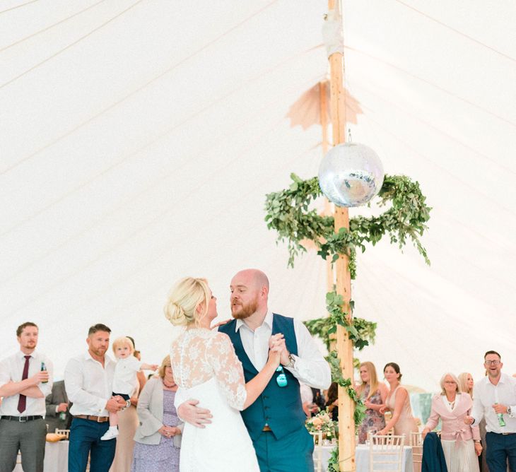 First Dance with Bride in Suzanne Neville Wedding Dress and Lace Bolero and Groom in Navy Hugo Boss Waistcoat and Trousers