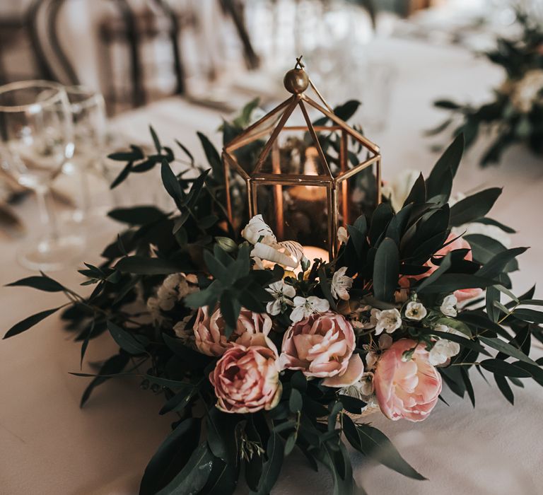 Table detail and decor | Blush Pink and Copper | RMW The List Members Hazel Gap Barn, Nottinghamshire | Mikaella Bridal Gown | Pear and Bear Photography