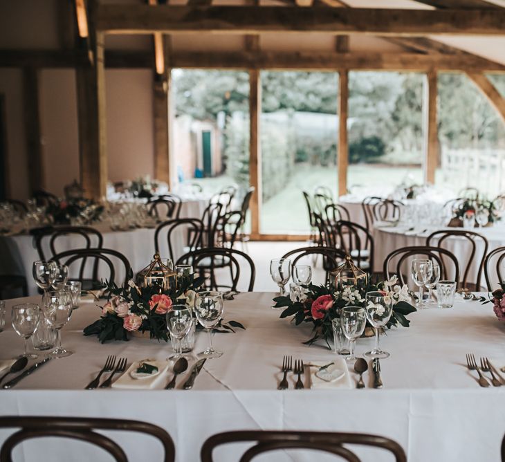 Table detail and decor | Blush Pink and Copper | RMW The List Members Hazel Gap Barn, Nottinghamshire | Mikaella Bridal Gown | Pear and Bear Photography