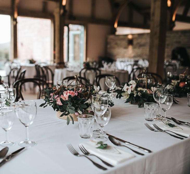 Table detail and decor | Blush Pink and Copper | RMW The List Members Hazel Gap Barn, Nottinghamshire | Mikaella Bridal Gown | Pear and Bear Photography