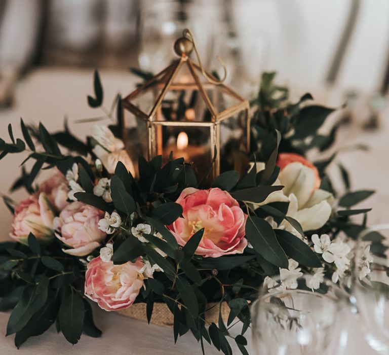 Table detail and decor | Blush Pink and Copper | RMW The List Members Hazel Gap Barn, Nottinghamshire | Mikaella Bridal Gown | Pear and Bear Photography