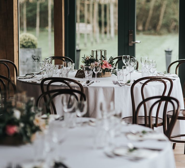 Table detail and decor | Blush Pink and Copper | RMW The List Members Hazel Gap Barn, Nottinghamshire | Mikaella Bridal Gown | Pear and Bear Photography