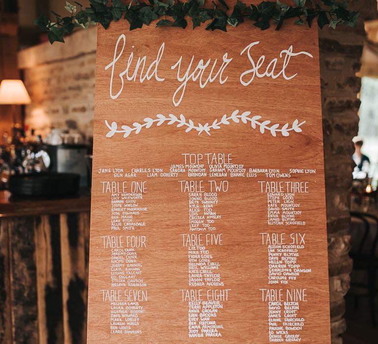 Signage | Table detail and decor | Blush Pink and Copper | RMW The List Members Hazel Gap Barn, Nottinghamshire | Mikaella Bridal Gown | Pear and Bear Photography