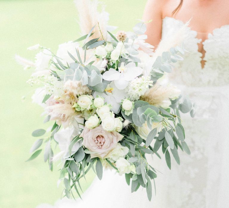 Blush and foliage wedding bouquet with pampas grass