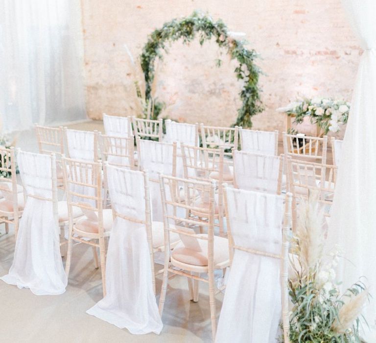 Wedding ceremony decor with moon gate at Calke Abbey