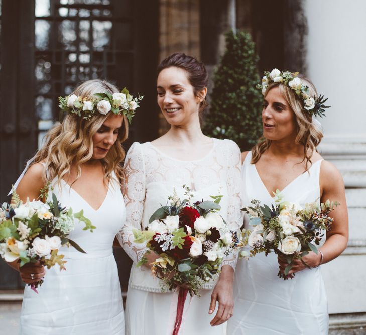 Bridal Party | Bridesmaid in White Dresses | Bride in Laure de Sagazan Gown | Autumn City Wedding at Clissold House,  West Reservoir Centre | A Thing Like That Photography