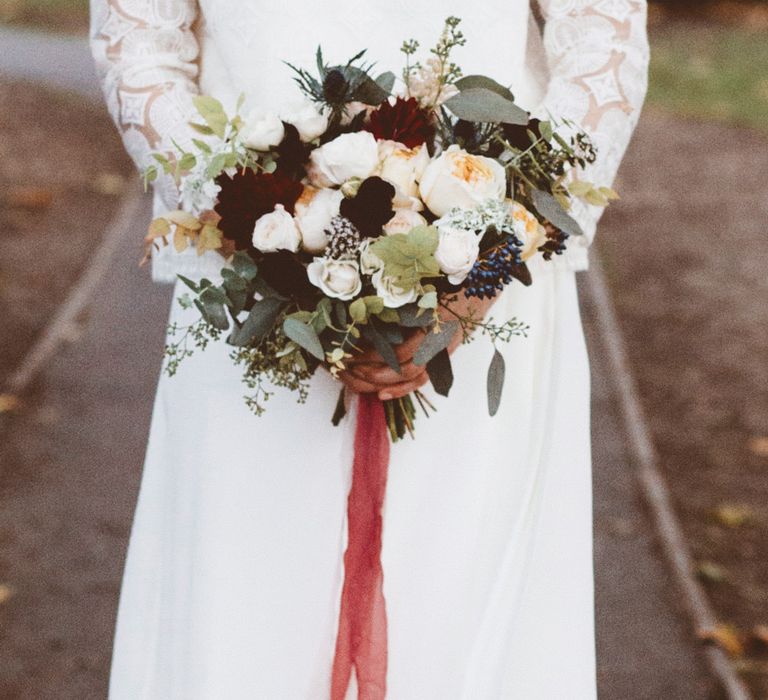 White &amp; Red Bouquet | Bride in Laure de Sagazan Gown | Autumn City Wedding at Clissold House,  West Reservoir Centre | A Thing Like That Photography