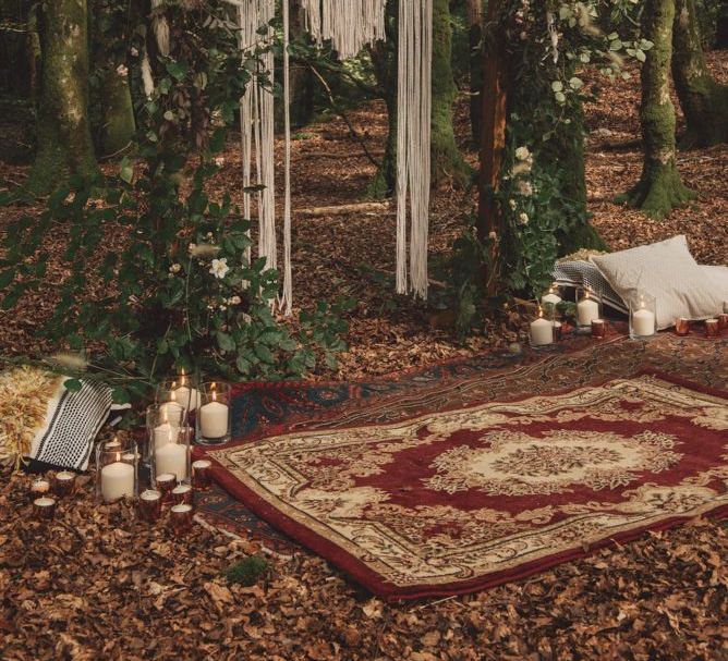 Woodland Altar with Macrame Backdrop, Autumnal Flowers and Moroccan Rug