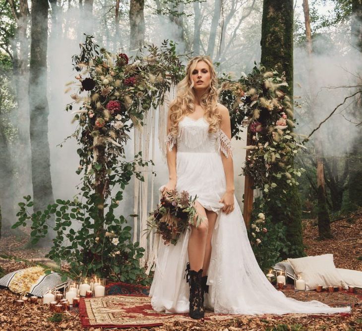 Boho Bride in  Cold Shoulder Wedding Dress with Fringe Detail and Black Lace Wedding Boots