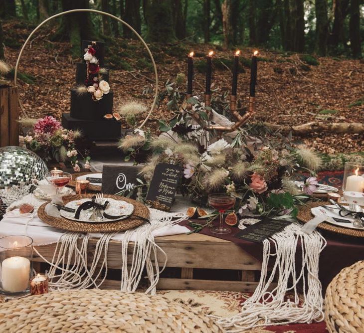 Woodland Wedding Breakfast Table with Wicker Pouffes