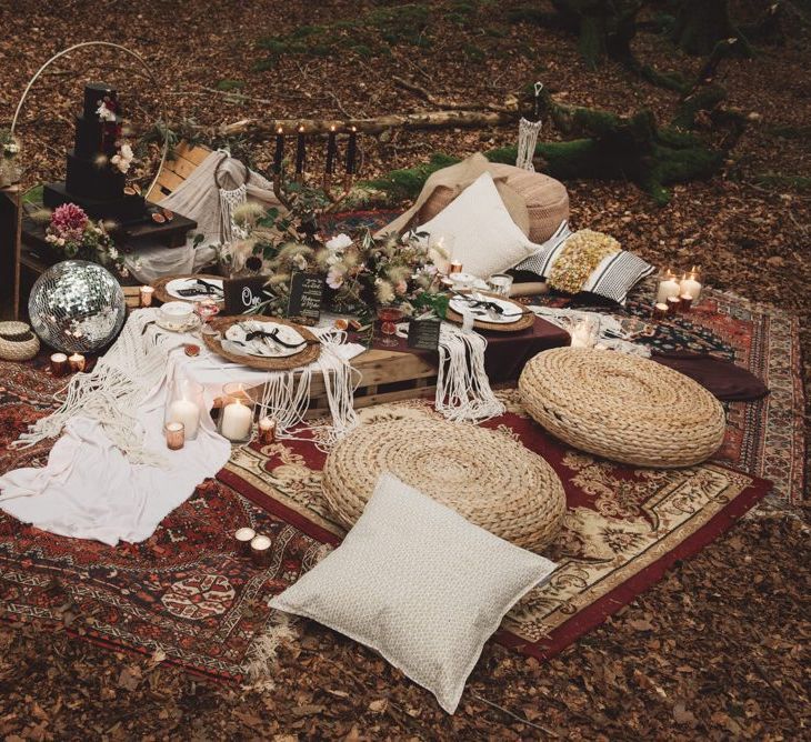 Grazing Table on Moroccan Rugs, Wooden Pallets  and Wicker Poufes