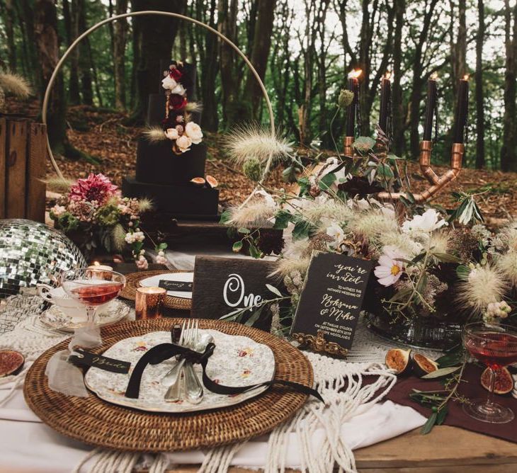 Wedding Breakfast Table Decor with Wicker, Dried Grass Flowers and Black Stationery