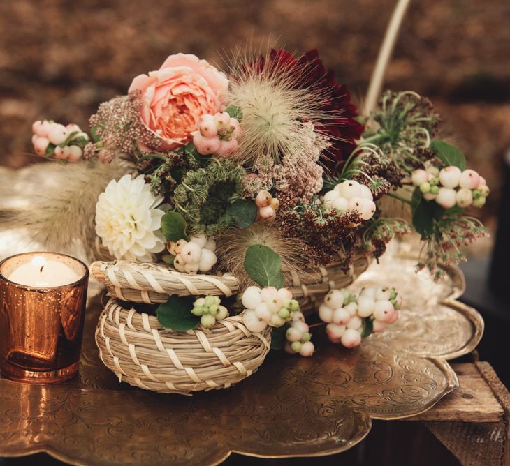 Gold Platter and Wicker Basket Filled with Wedding Flowers