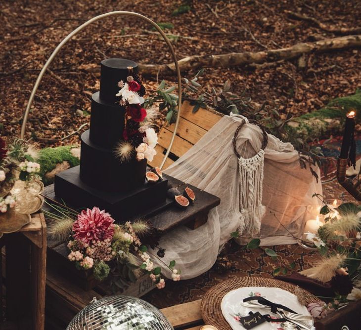 Black Square and Round Wedding Cake with Hoop Cake Stand