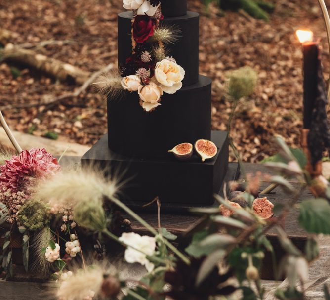 Black Four Tier Wedding Cake with  Square Layer and Flower Decor