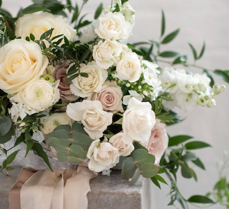 Romantic Roses Floral Arrangement by Blue Sky Flowers | Super Luxe White, Grey &amp; Gold Elegant Wedding Inspiration at Orangery, Holland Park, Kensington, London | Planned &amp; Style day The Events Designers | Eva Tarnok Photography