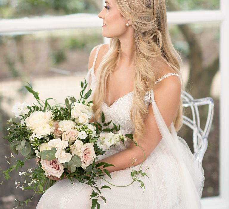 Romantic Rose Bouquet | Bride in Nissa Now  from Chic Nostalgia | Super Luxe White, Grey &amp; Gold Elegant Wedding Inspiration at Orangery, Holland Park, Kensington, London | Planned &amp; Style day The Events Designers | Eva Tarnok Photography