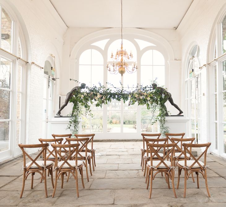 Altar Hanging Floral Installation by Blue Sky Flowers | Super Luxe White, Grey &amp; Gold Elegant Wedding Inspiration at Orangery, Holland Park, Kensington, London | Planned &amp; Style day The Events Designers | Eva Tarnok Photography