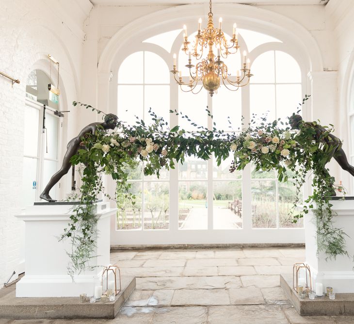 Altar Hanging Floral Installation by Blue Sky Flowers | Super Luxe White, Grey &amp; Gold Elegant Wedding Inspiration at Orangery, Holland Park, Kensington, London | Planned &amp; Style day The Events Designers | Eva Tarnok Photography