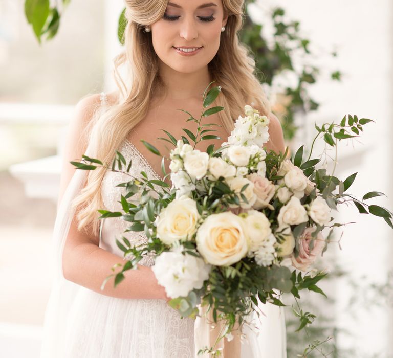 Romantic Rose Bouquet | Bride in Nissa Now  from Chic Nostalgia | Super Luxe White, Grey &amp; Gold Elegant Wedding Inspiration at Orangery, Holland Park, Kensington, London | Planned &amp; Style day The Events Designers | Eva Tarnok Photography