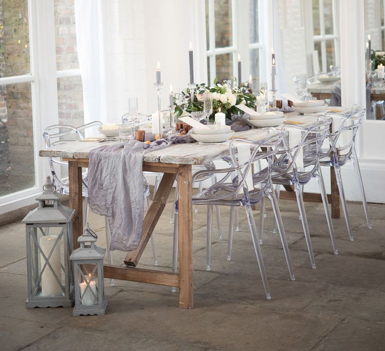 Elegant Tablescape with Hanging Flower Installation | Super Luxe White, Grey &amp; Gold Elegant Wedding Inspiration at Orangery, Holland Park, Kensington, London | Planned &amp; Style day The Events Designers | Eva Tarnok Photography