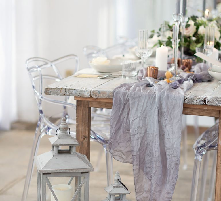 Elegant Table Scape with Ghost Chairs, Lanterns &amp; Candle Sticks | Super Luxe White, Grey &amp; Gold Elegant Wedding Inspiration at Orangery, Holland Park, Kensington, London | Planned &amp; Style day The Events Designers | Eva Tarnok Photography