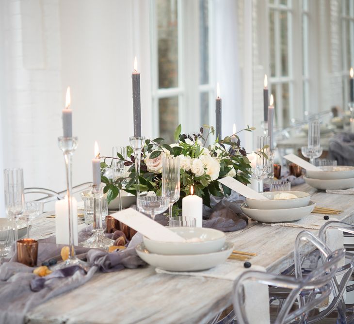 Elegant Candle Stick Tablescape | Super Luxe White, Grey &amp; Gold Elegant Wedding Inspiration at Orangery, Holland Park, Kensington, London | Planned &amp; Style day The Events Designers | Eva Tarnok Photography