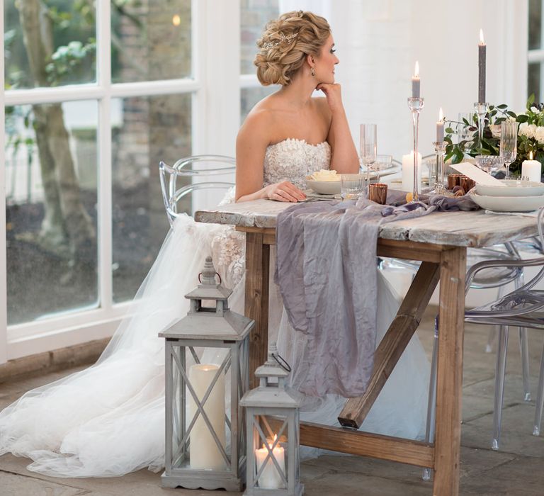 Bride in ‘Christelle’ by Anna Georgina and Kobus Dippenaar | Elegant Tablescape | Super Luxe White, Grey &amp; Gold Elegant Wedding Inspiration at Orangery, Holland Park, Kensington, London | Planned &amp; Style day The Events Designers | Eva Tarnok Photography