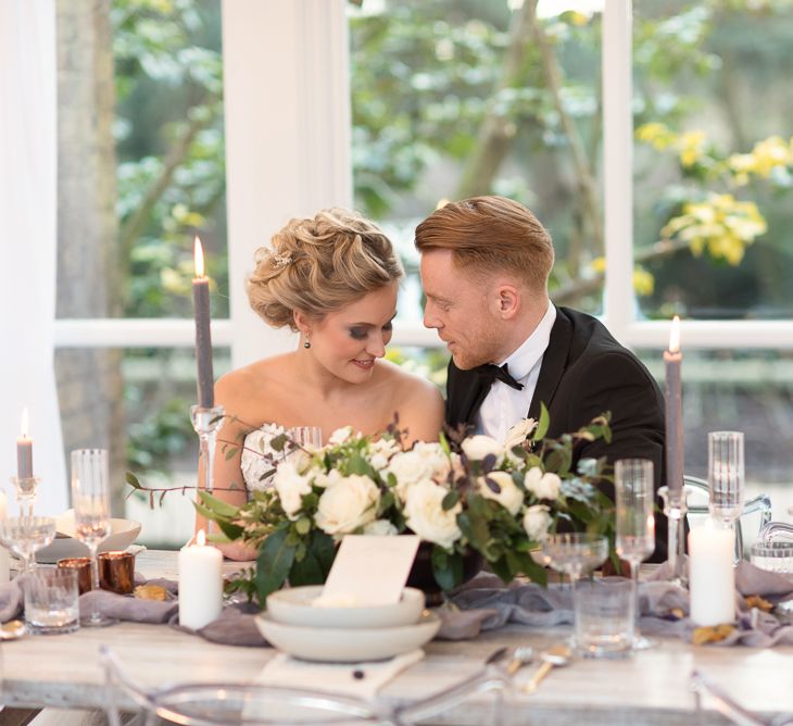 Bride in ‘Christelle’ by Anna Georgina and Kobus Dippenaar | Groom in Black Tie Suit | Super Luxe White, Grey &amp; Gold Elegant Wedding Inspiration at Orangery, Holland Park, Kensington, London | Planned &amp; Style day The Events Designers | Eva Tarnok Photography