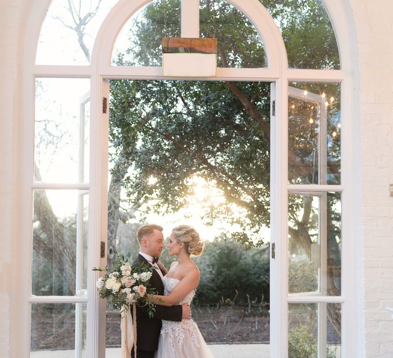 Bride in ‘Christelle’ by Anna Georgina and Kobus Dippenaar | Groom in Black Tie Suit | Super Luxe White, Grey &amp; Gold Elegant Wedding Inspiration at Orangery, Holland Park, Kensington, London | Planned &amp; Style day The Events Designers | Eva Tarnok Photography