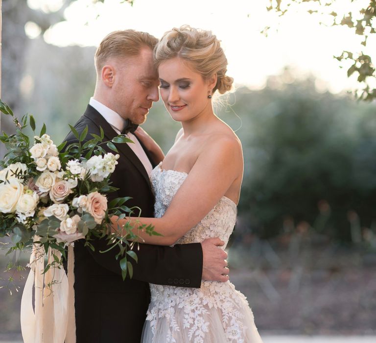 Bride in ‘Christelle’ by Anna Georgina and Kobus Dippenaar | Groom in Black Tie Suit | Super Luxe White, Grey &amp; Gold Elegant Wedding Inspiration at Orangery, Holland Park, Kensington, London | Planned &amp; Style day The Events Designers | Eva Tarnok Photography