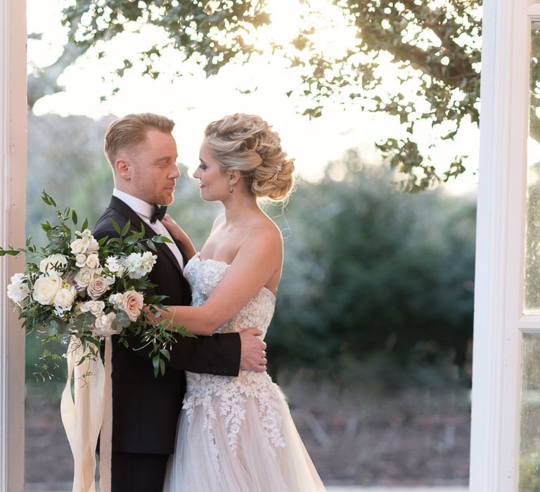 Bride in ‘Christelle’ by Anna Georgina and Kobus Dippenaar | Groom in Black Tie Suit | Super Luxe White, Grey &amp; Gold Elegant Wedding Inspiration at Orangery, Holland Park, Kensington, London | Planned &amp; Style day The Events Designers | Eva Tarnok Photography