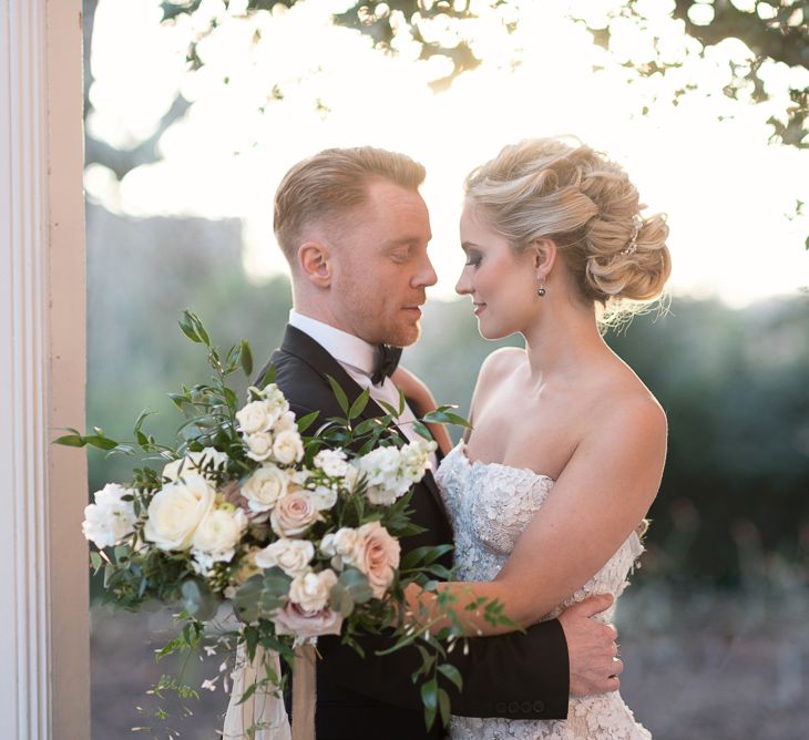 Bride in ‘Christelle’ by Anna Georgina and Kobus Dippenaar | Groom in Black Tie Suit | Super Luxe White, Grey &amp; Gold Elegant Wedding Inspiration at Orangery, Holland Park, Kensington, London | Planned &amp; Style day The Events Designers | Eva Tarnok Photography