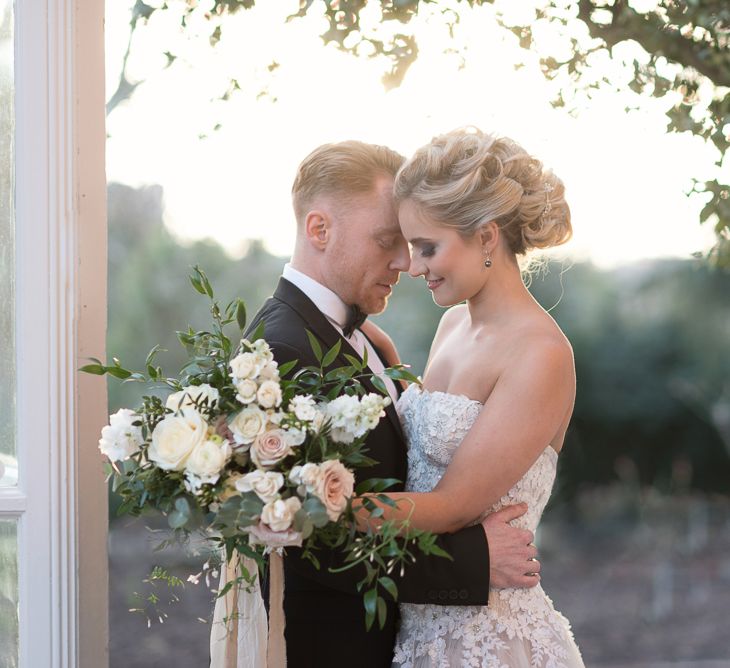 Bride in ‘Christelle’ by Anna Georgina and Kobus Dippenaar | Groom in Black Tie Suit | Super Luxe White, Grey &amp; Gold Elegant Wedding Inspiration at Orangery, Holland Park, Kensington, London | Planned &amp; Style day The Events Designers | Eva Tarnok Photography